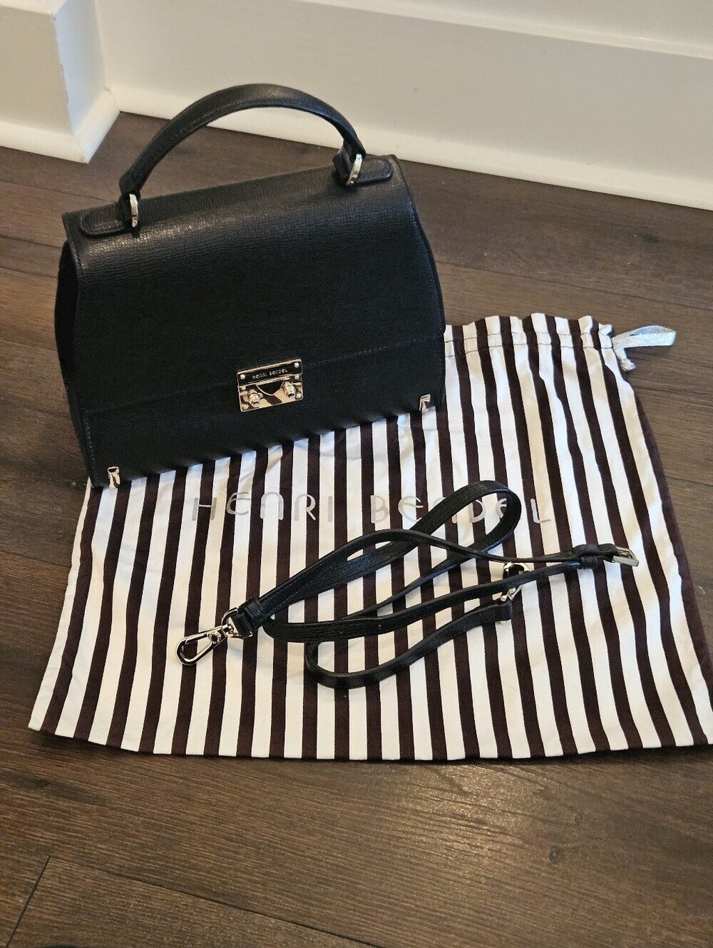 Henri Bendel West 57th Black Leather Satchel Crossbody Top Handle Bag Dust Bag